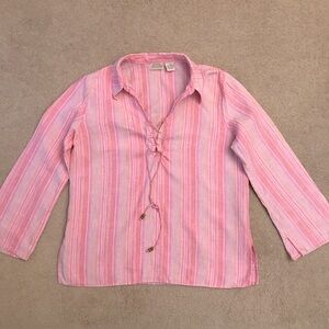St Johns Bay Linen Blouse Size XL Pink Candy Stripe Relaxed Fit Lace Up Coastal